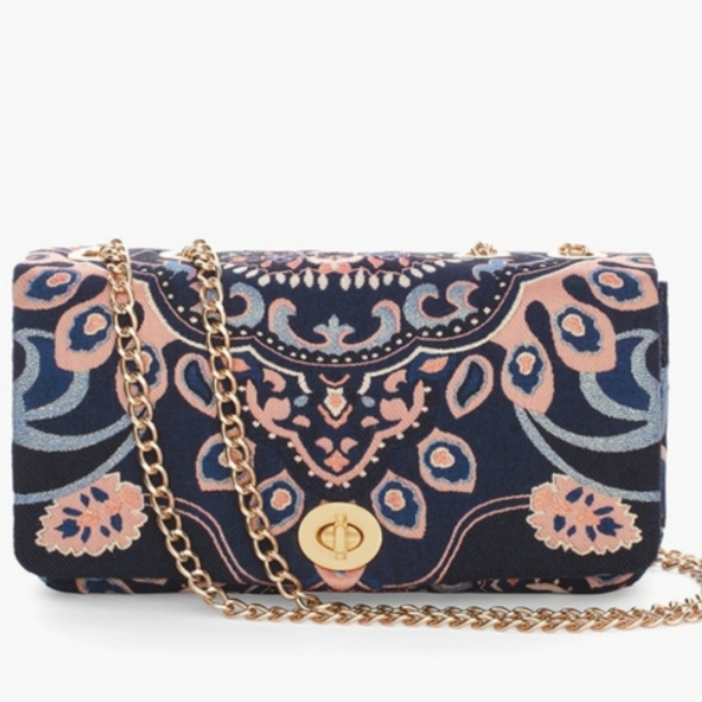 CHICOS Blue and Gold JAQUARD CRISSBODY WITH CHAIN NWOT - Picture 2 of 4